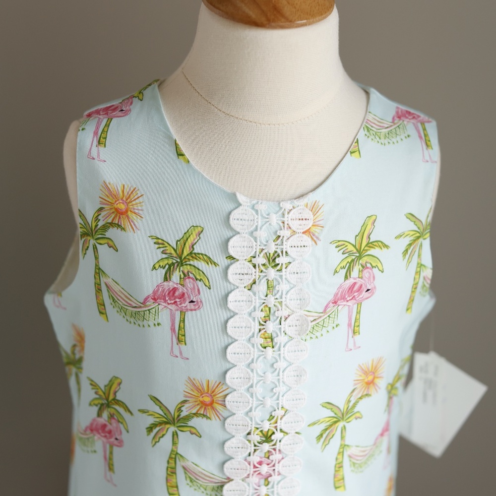 Aqua Blue Flamingo Cotton Shift Dress Size 10 Embroidered Lace Bailey Boys NWT